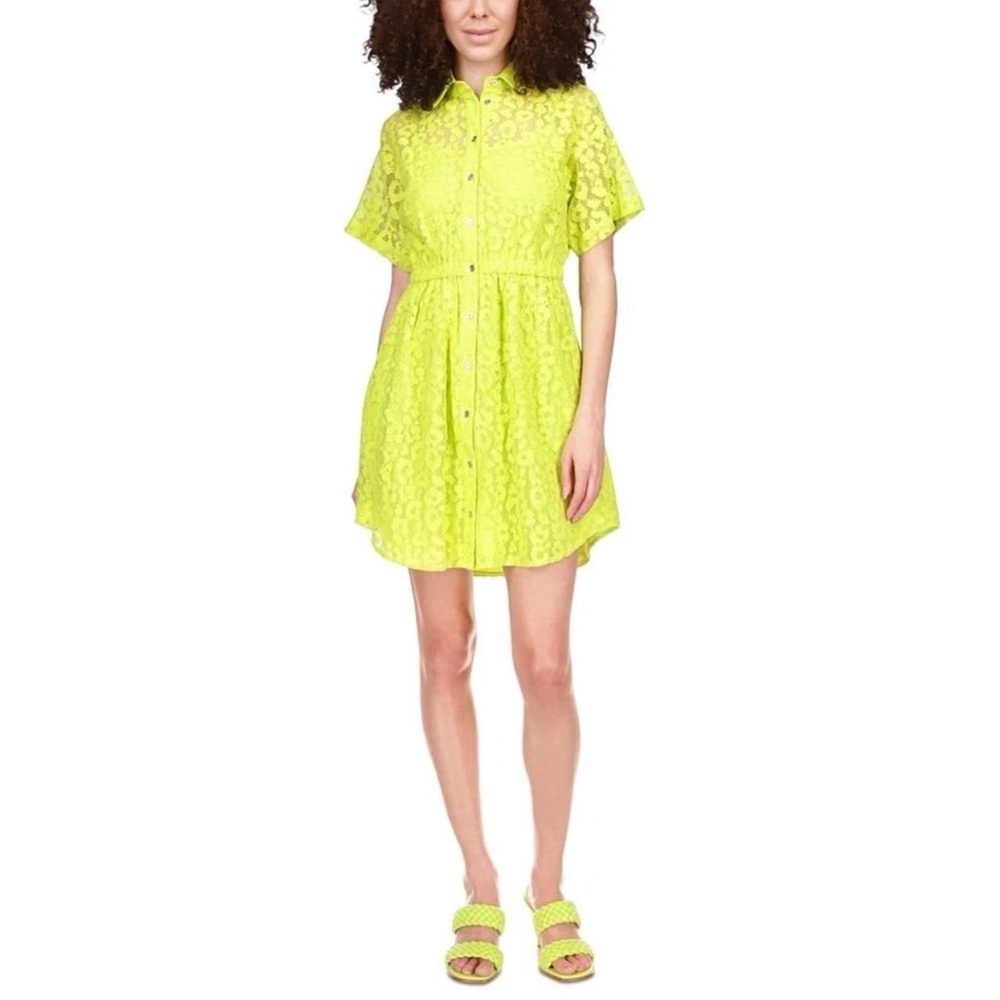 Michael Kors Textured Lace Short Sleeve Shirt Dress in Bright Limeade